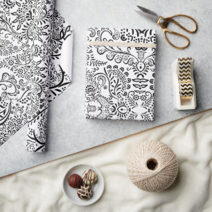 Papier Cadeau Motif indien Mehndi Paisley noir et blanc