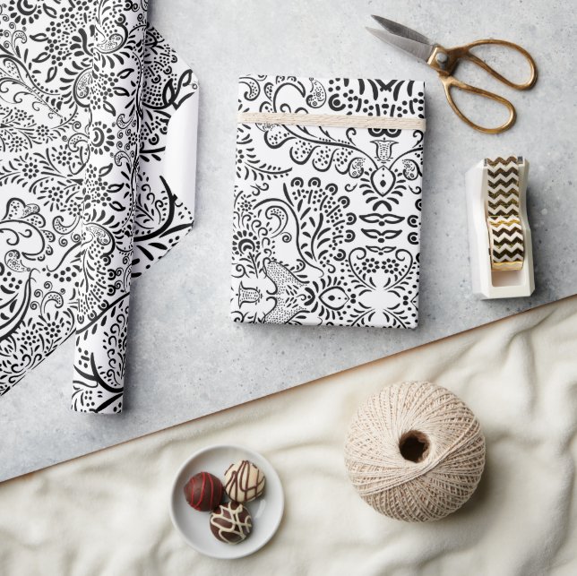 Papier Cadeau Motif indien Mehndi Paisley noir et blanc (Artisanat)