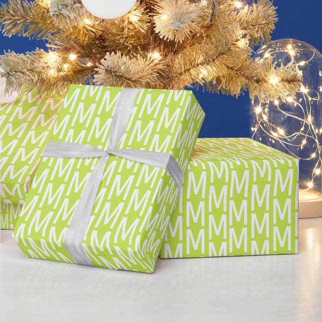 Papier Cadeau Motif initial monogramme personnalisé vert chaux m (Vacances)