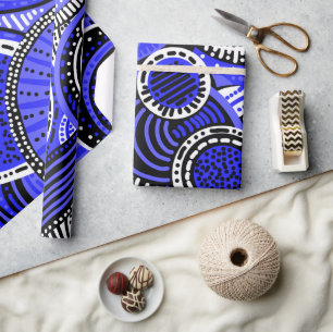 Papier Cadeau Motif inspiré par les tribus   Bleu, Noir, Blanc