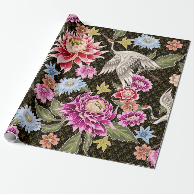 Papier Cadeau Motif japonais avec fleurs et grues blanches (Déroulé)