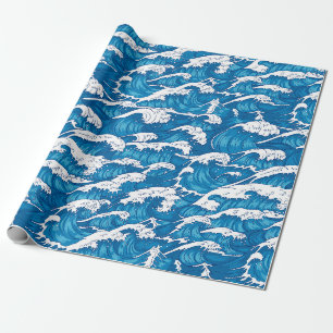 Papier Cadeau Motif japonais d'art moderne de la vague bleue