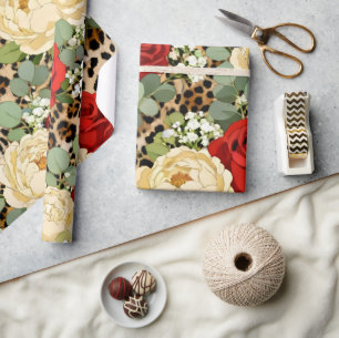 Papier Cadeau Motif Léopard & Rose Rouge - Floral Animal Chic