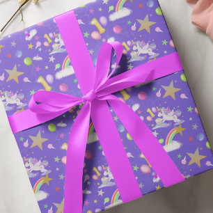 Papier Cadeau Motif licorne couleur pourpre pour 1er anniversair