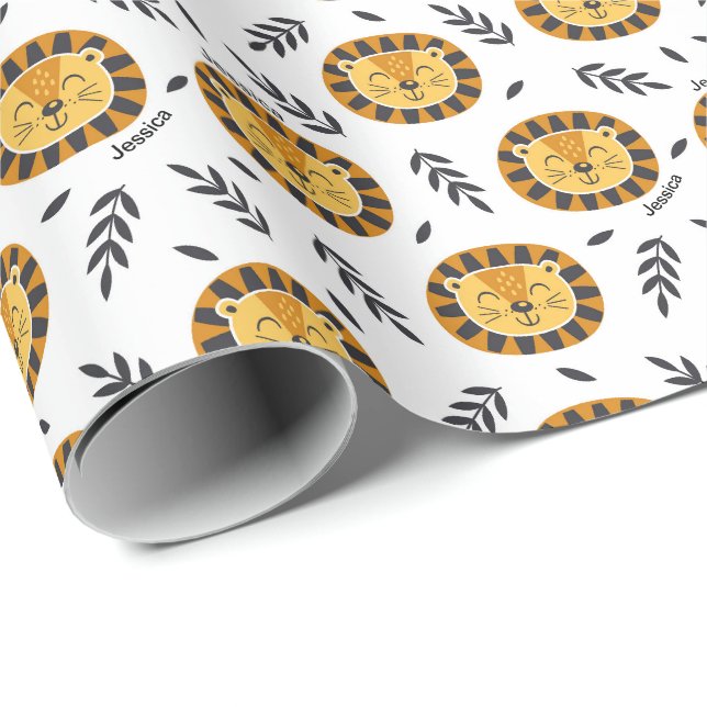 Papier Cadeau Motif Lion Jungle avec nom enfant (Coin rond)
