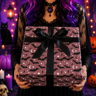 Papier Cadeau Motif Lune Étoiles Chauves-Souris Rose Mauve Gothi