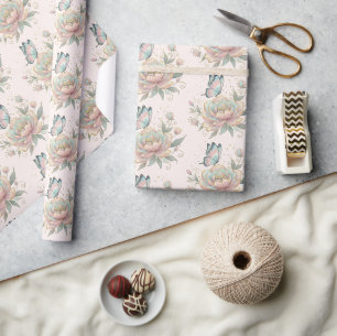Papier Cadeau Motif Magique de Rose et Papillon Couleurs Pastel