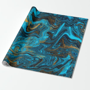Papier Cadeau Motif marbré bleu et or. Liqu de marbre doré