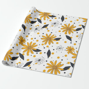 Papier Cadeau Motif marguerrier jaune et blanc avec Feuilles fon