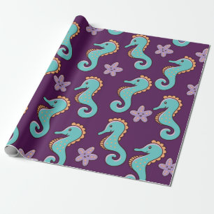 Papier Cadeau motif marin enfantin sans soudure avec hippocampes