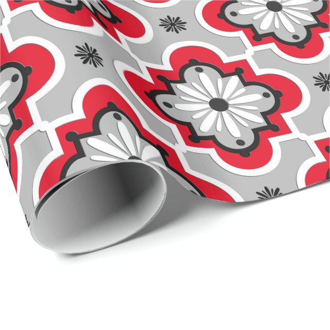 Papier Cadeau Motif marocain en tuiles - Gris et Rouge (Coin rond)