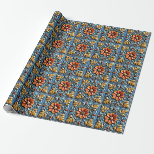 Papier Cadeau Motif mexicain Floral Orange Blue Tile (Déroulé)