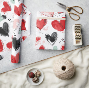 Papier Cadeau motif mignon avec coeur peint aquarelle