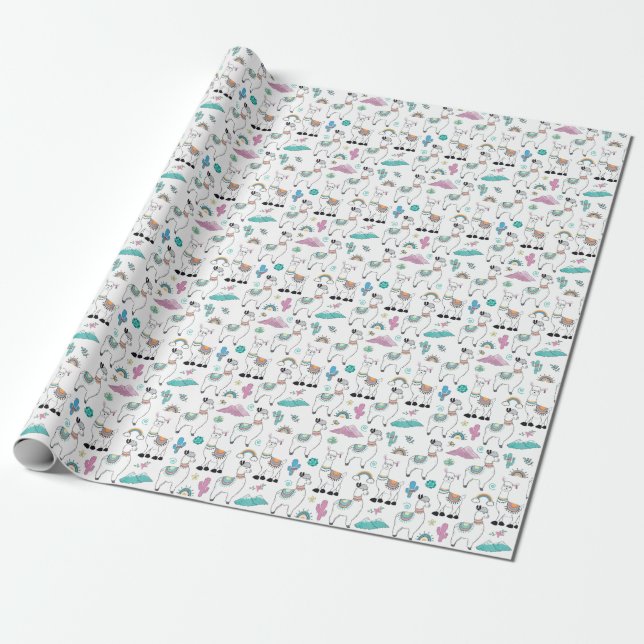 Papier Cadeau Motif mignon de lama de bande dessinée (Déroulé)