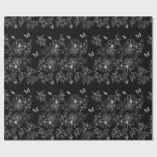 Papier Cadeau Motif minimaliste de la nature florale noire et bl