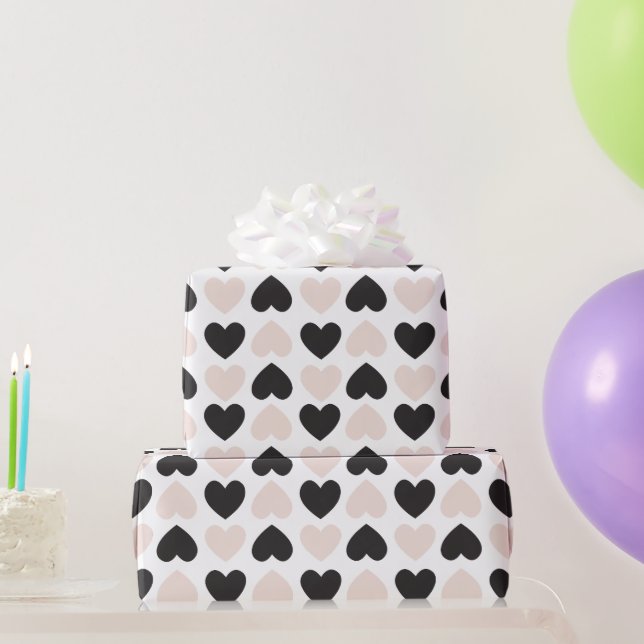 Papier Cadeau Motif moderne Blush Rose Black Love Hearts (Cadeaux de fête)