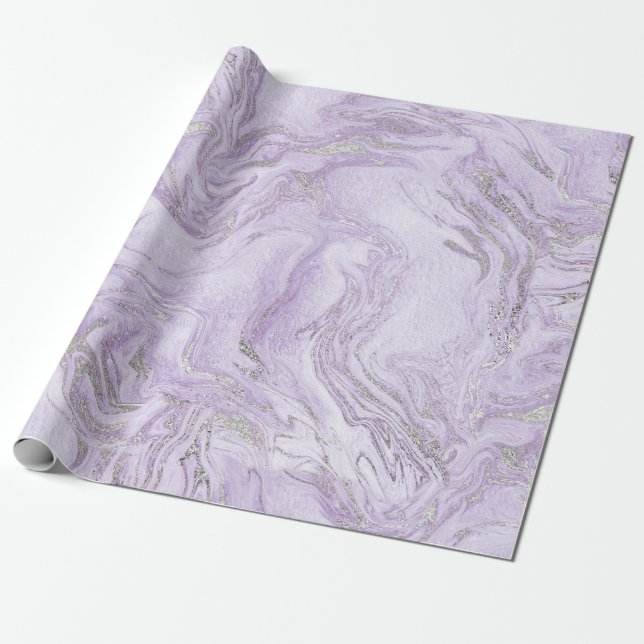 Papier Cadeau Motif moderne clair violet et marbre argenté (Déroulé)