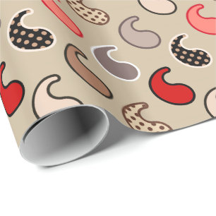 Papier Cadeau Motif moderne Paisley, beige, rouge, gris et corai