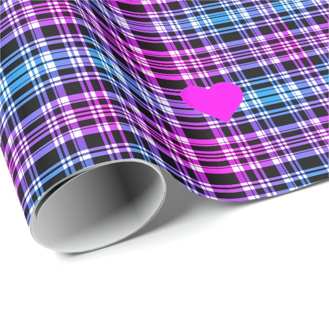 Papier Cadeau Motif moderne rose bleu noir plaid, coeur rose (Coin rond)