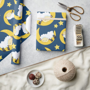 Papier Cadeau Motif mouton, Mouton couché, Lune, Étoiles