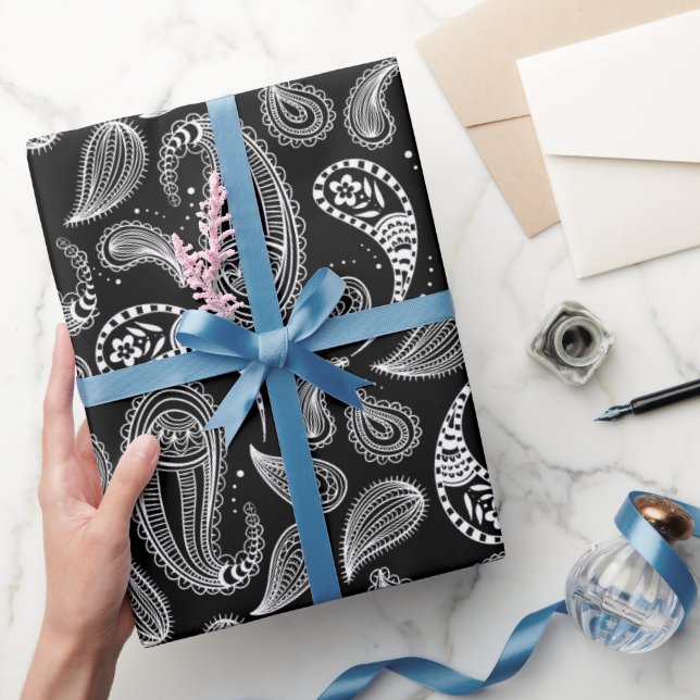 Papier Cadeau Motif noir blanc Paisley (Cadeaux)