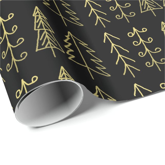 Papier Cadeau Motif noir d'arbres de Noël d'or moderne (Coin rond)