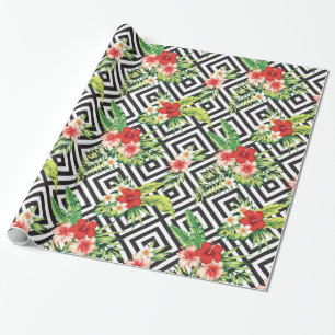 Papier Cadeau Motif octogonal noir et blanc et fleurs tropicales