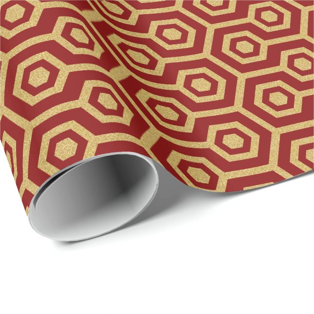Papier Cadeau Motif octogonal Or sur Arrière - plan rouge foncé (Coin rond)