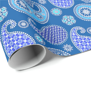 Papier Cadeau Motif Paisley, bleu cobalt et blanc