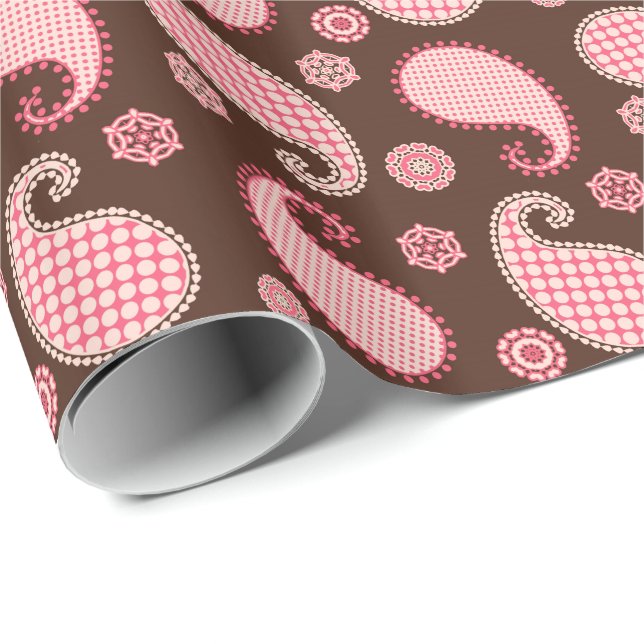 Papier Cadeau Motif Paisley, corail rose et chocolat (Coin rond)