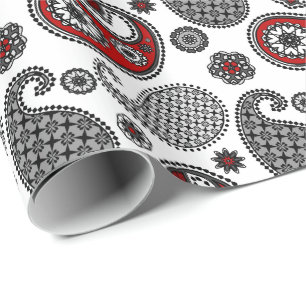 Papier Cadeau Motif Paisley, Noir, Blanc et Rouge