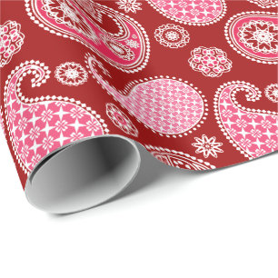 Papier Cadeau Motif Paisley, rouge foncé, rose et blanc
