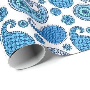 Papier Cadeau Motif Paisley, tons bleu sur blanc