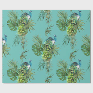 Papier Cadeau Motif Paon & Feuilles Tropicales