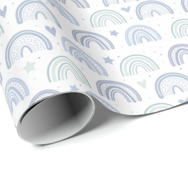 Papier Cadeau motif Pastel Baby Blue Rainbows (Coin rond)