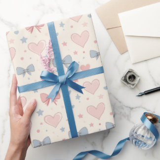 Papier Cadeau Motif Pastel Rose et Bleu Bow et Coeur