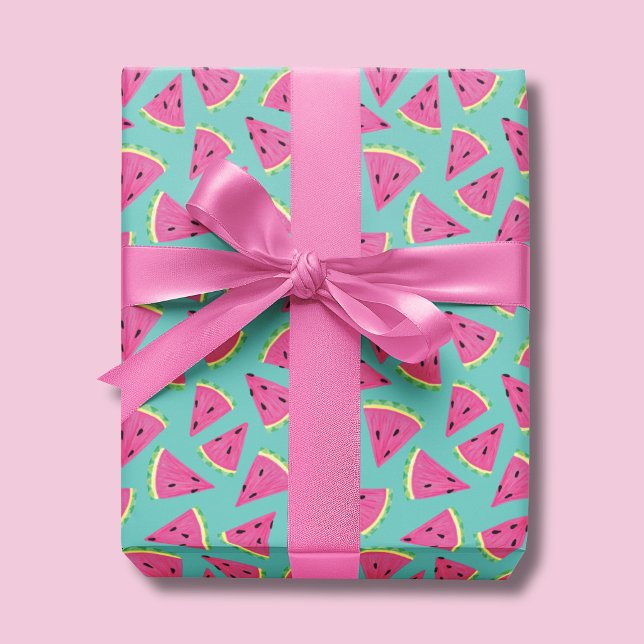 Papier Cadeau Motif Pastèque d'Été (Watermelon wrapping paper on a turquoise background)