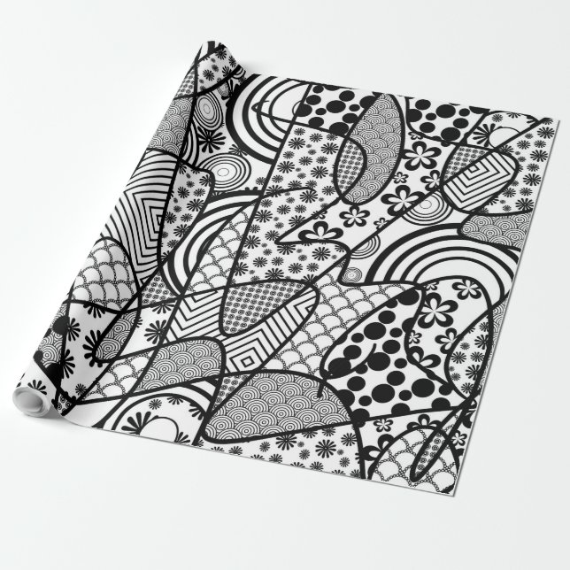 Papier Cadeau Motif Patchwork Noir & Blanc 02 (Déroulé)