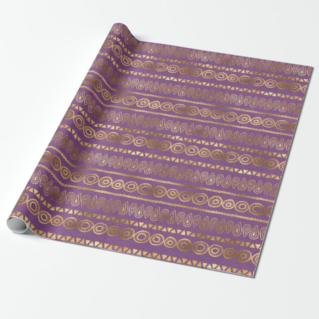 Papier Cadeau Motif Peacock Bohème Purple et Gold Foil (Déroulé)