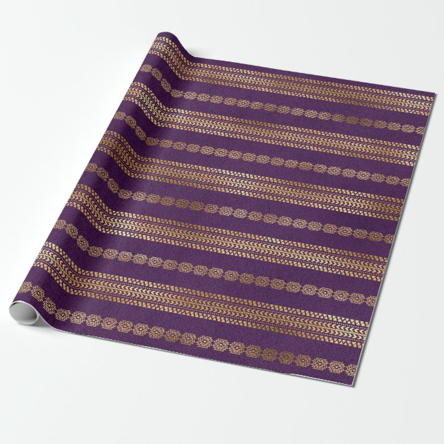 Papier Cadeau Motif Peacock Bohème Purple et Gold Foil (Déroulé)