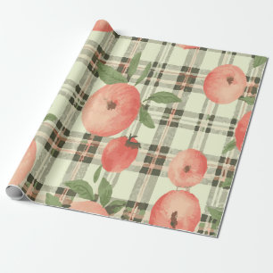 Papier Cadeau Motif pêche sucrée sur fond carreaux rustique