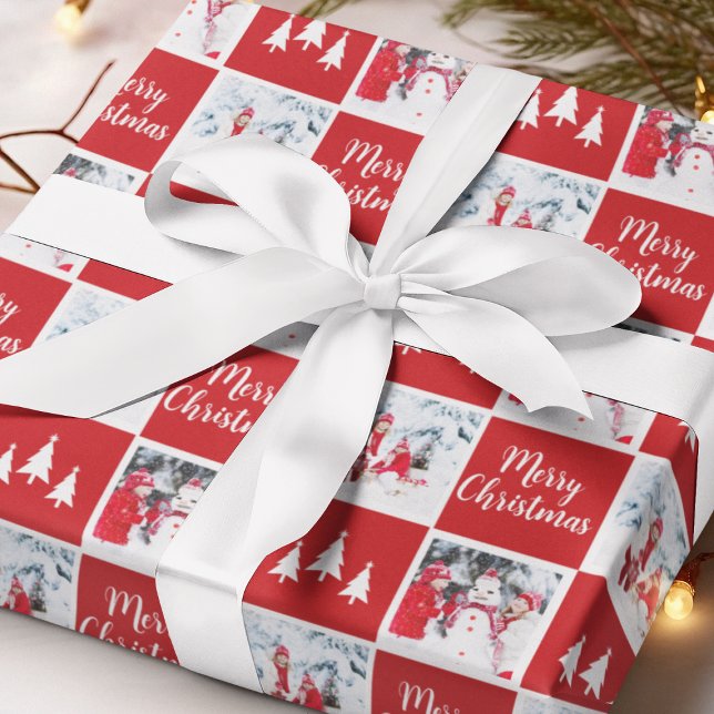Papier Cadeau Motif photo personnalisé Rouge blanc Joyeux Noël (Custom Photo Pattern Red White Merry Christmas Wrapping Paper
)