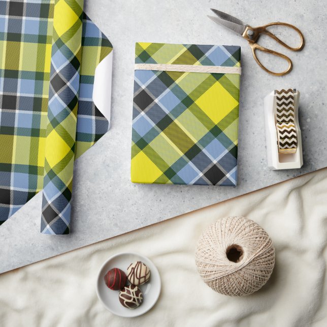 Papier Cadeau Motif plat moderne bleu et jaune Tartan (Artisanat)
