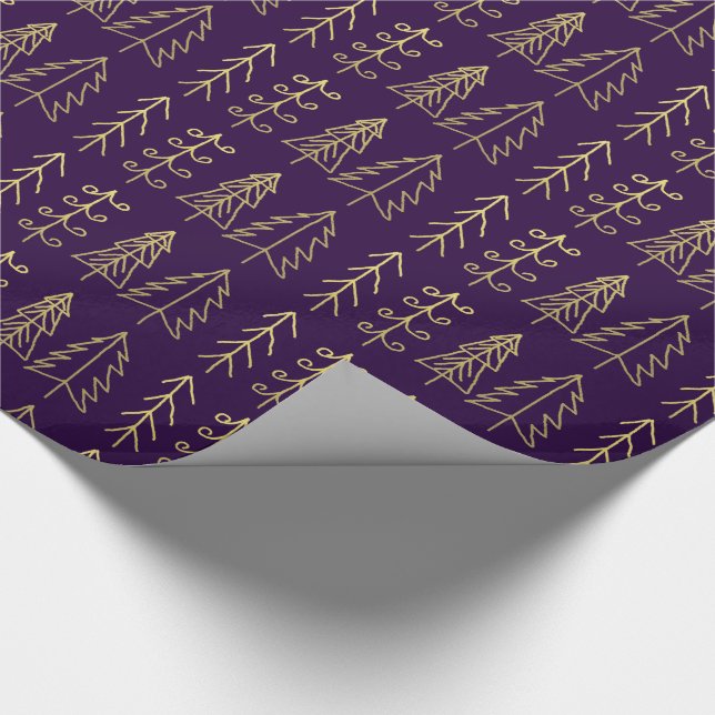 Papier Cadeau Motif pourpre d'arbres de Noël d'or moderne (Coin)