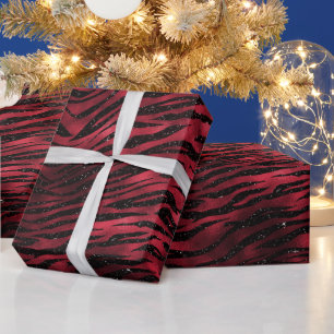 Papier Cadeau Motif Rayures de Tigre Pailleté Rouge Glamour