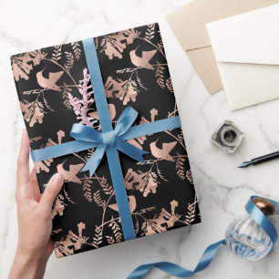 Papier Cadeau Motif rose de colibri d'or sur noir