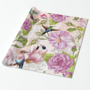 Papier Cadeau Motif rose de fleurs et de colibris de cru