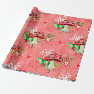 Papier Cadeau Motif Rose Lady Bug Et Champignons
