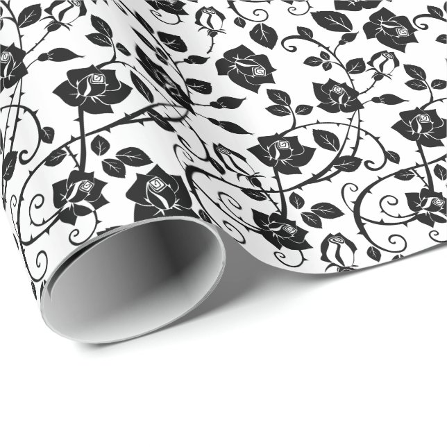 Papier Cadeau Motif Rose stylisé noir et blanc (Coin rond)