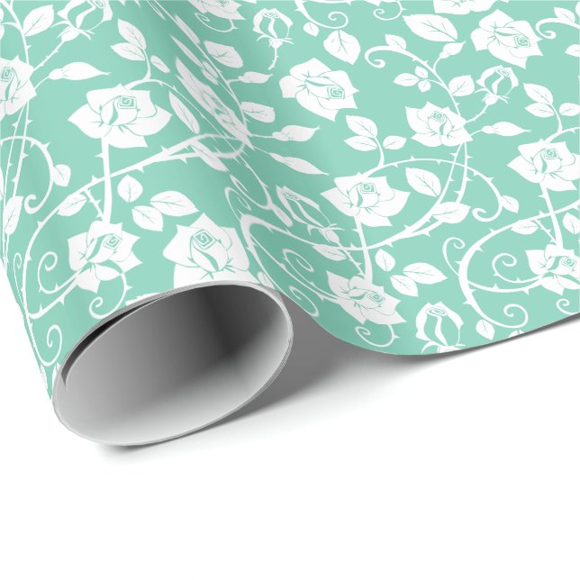 Papier Cadeau Motif Rose Stylisé turquoise Vert Et Blanc (Coin rond)